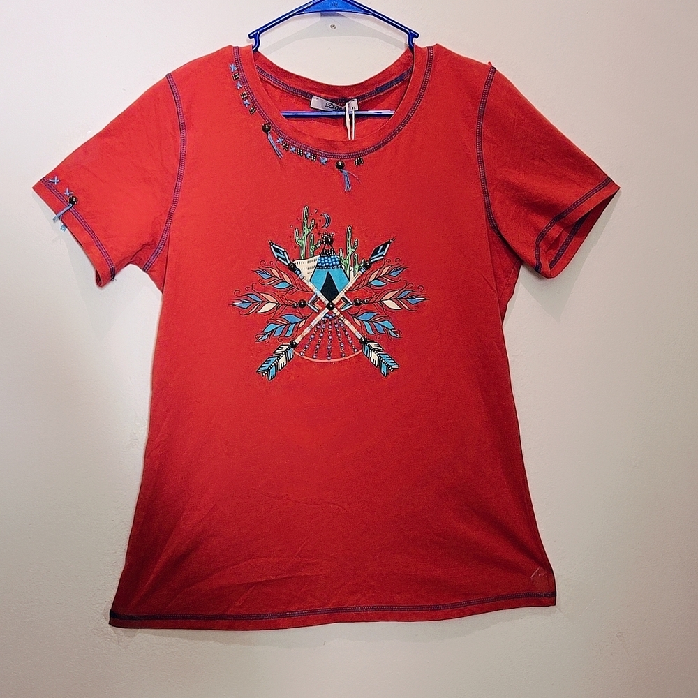 Elila Red Top with Blue and Black Embroidery